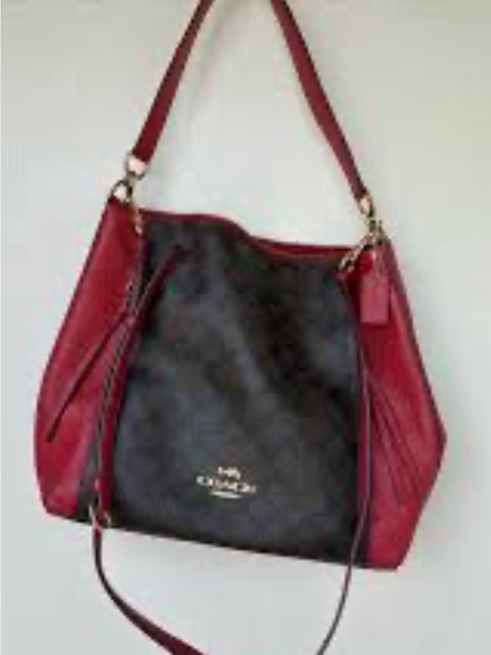 Coach Brown Signature Shoulder Bag with Red Trim